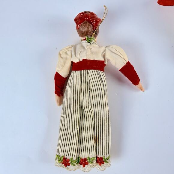 VTG European Folk Costume Doll 8” Ornament Embroidered Red Trim Striped Dress - Picture 2 of 5